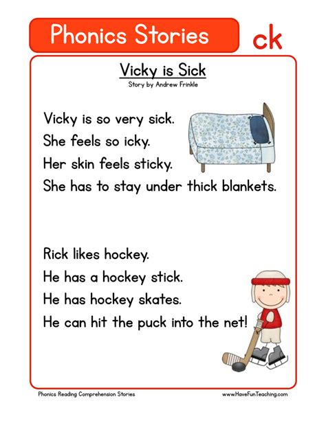 Vicky Is Sick CK Phonics Stories Reading Comprehension Worksheet By Teach Simple