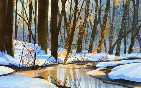Download Wallpaper 3840x2400 River Snow Spring Art 4k