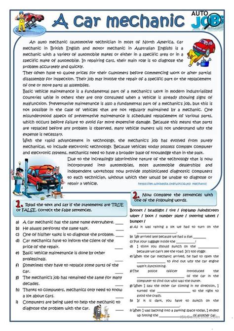 A Car Mechanic Car Mechanic Reading Comprehension Worksheets