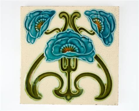 Antique 1900s Corn Bros Art Nouveau Blue Flower Pottery Tile Art