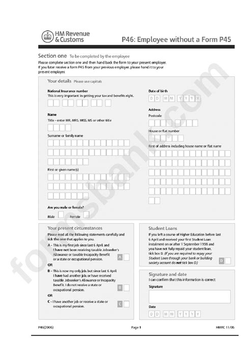 Form P46 Employee Without A Form P45 2006 Printable Pdf Download