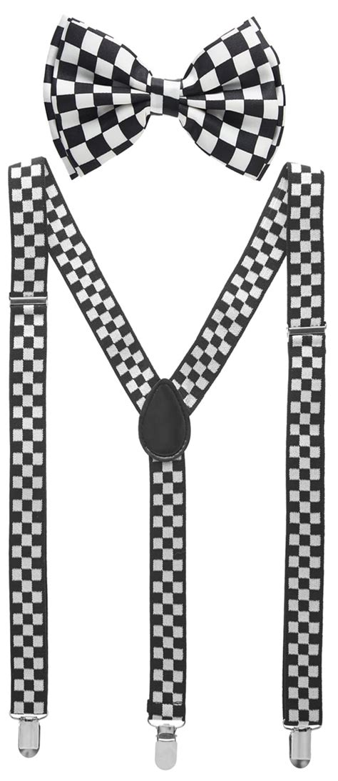 Black And White Checkered Bowtie And Suspender Set Bow Tie And