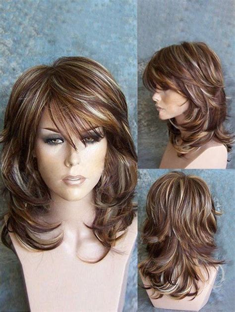 [40 Off] Medium Inclined Bang Highlighted Layered Slightly Curled Synthetic Wig Rosegal