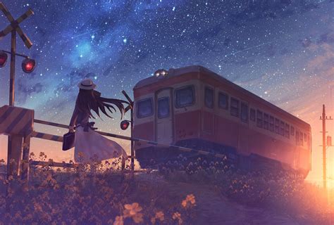 Download Shooting Star Starry Sky Sunset Anime Train Hd Wallpaper By ナコモ