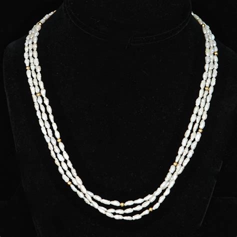 S Three Strand Necklace Featuring Small Keshi Pearls Gold Tone Accents Quiet West