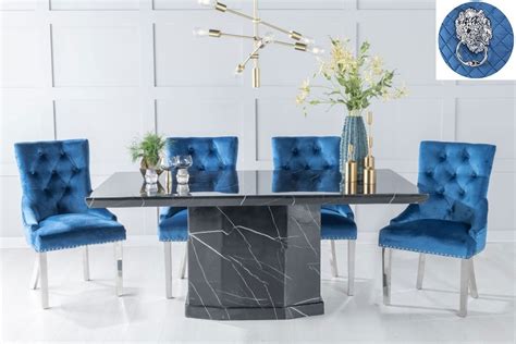 Naples Marble Dining Table Set Rectangular Black Top And Pedestal Base