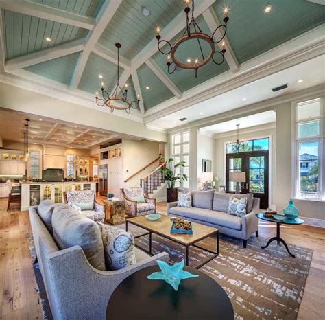 Wonderful Open Concept Coastal Living Room With Sage Green Vaulted