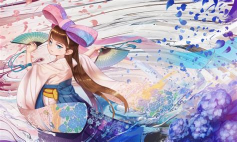Wallpaper Anime Girl Kimono Brown Hair Ribbon Fan