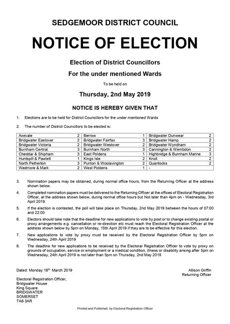 Parish And District Election 2 May 2019 Nether Stowey Parish Council