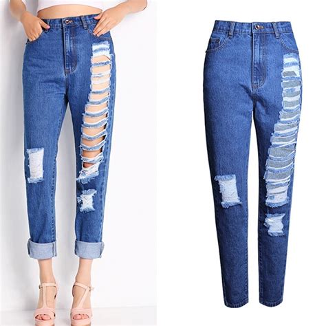 Olrain Women Sexy Big Holes Ripped Jeans Lady Casual Loose High Waisted