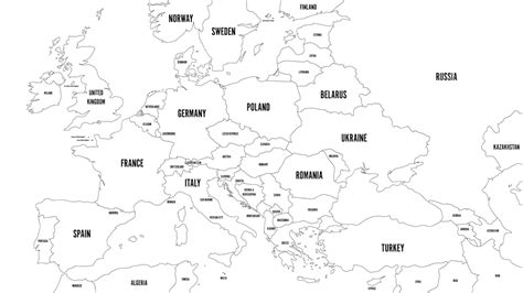 Simplified Map Of Europe And Caucasus With Black Borders Vector Line