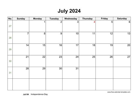 Free 2024 Calendar Blank July Template Horizontal Free Calendar