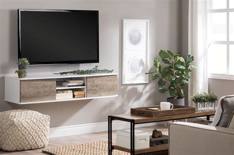 Wall Mounted Tv Above White And Timber Rustic Entertainment Unit Living
