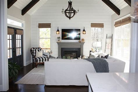 Amazing gallery of interior design and decorating ideas of living room vaulted shiplap ceiling in living rooms by elite interior designers. Family Room floor to ceiling shiplap vaulted ceiling and ...