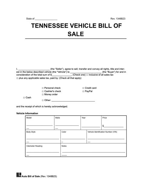 Free Tennessee Motor Vehicle Bill Of Sale Form Legal Templates