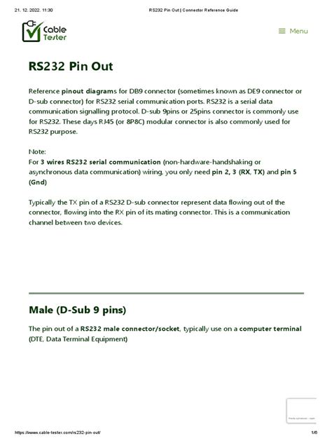 Rs232 Pin Out Connector Reference Guide Pdf Electrical Connector
