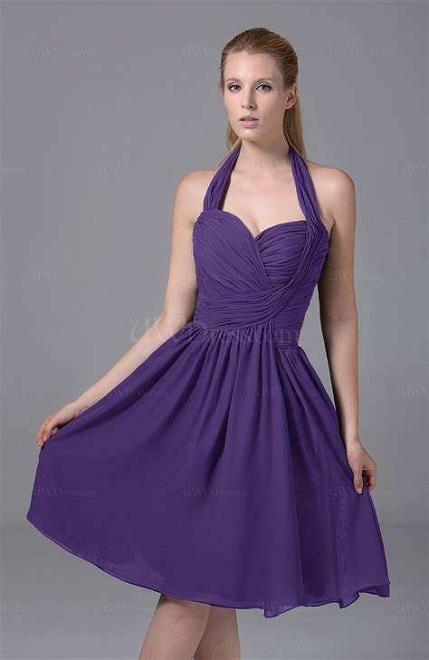 Dark Purple Modest Halter Sleeveless Chiffon Knee Length Ruching Party Dresses