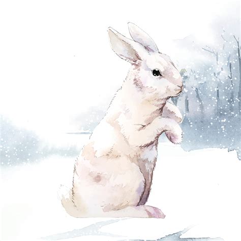 Wild White Rabbit In A Winter Wonderland Painted By Watercolor Vector