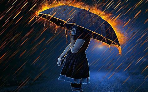 Hd Wallpaper Anime Women Fire Girl Rain Umbrella