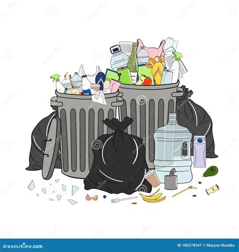 Trash Cans Full Of Garbage And Pile Of Garbage Stock Vector