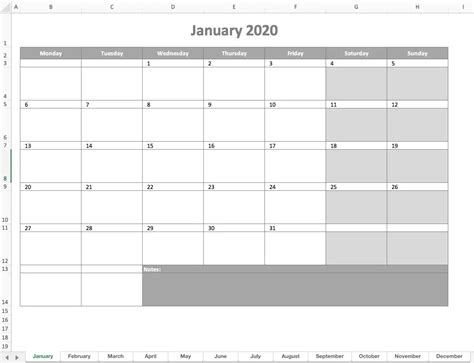 Calendar 2020 Excel Weekly