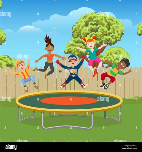 Energetic And Happy Kids Jumping On Trampoline In The Garden Vector