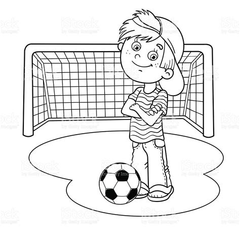 Coloring Page Outline Of A Cartoon Boy With A Soccer Ball And