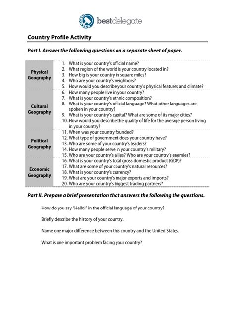 Country Profile Activity Part I Answer The Following Questions On A