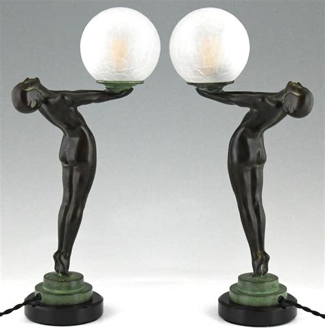 Pair of Art Deco Style Lamps Clarté Standing Nude with Globe by Max Le