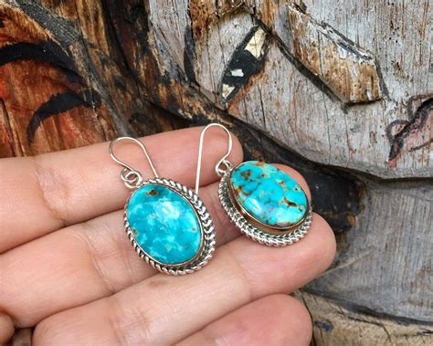 Navajo Richard Curley Oval Turquoise Dangle Earrings For Women