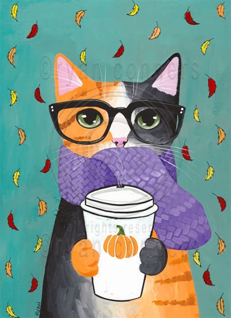 The drawing may be purchased as wall art, home decor, apparel, phone cases, greeting cards, and more. Calico Autumn Pumpkin Coffee Cat Folk Art Print 8x10 ...