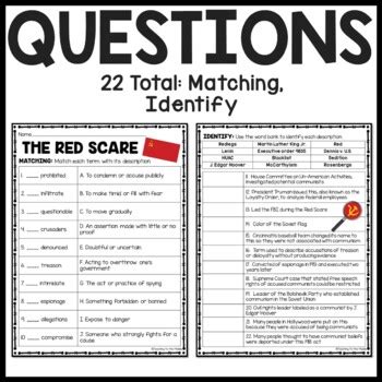 Cold war red scare reading comprehension informational worksheet
