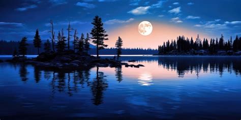 Premium Photo A Full Moon Over A Lake