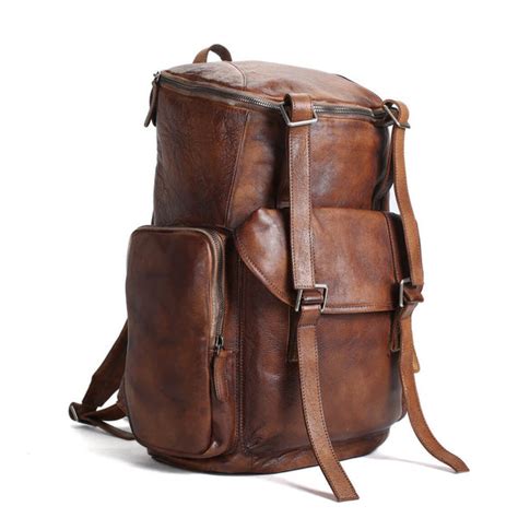 Vintage Handmade Full Grain Brown Leather Backpack Mens Leather Big B