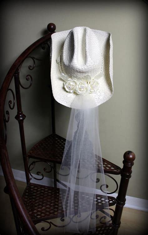 Ivory Cowgirl Hat Bridal Hat With Veil Attached Western