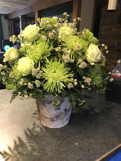 Green Flower Arrangement In Birch Container Floral Arrangements