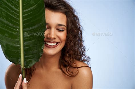 Naked Woman Laughing Hiding Face Behind Green Leaf Stock Photo By Serhiibobyk