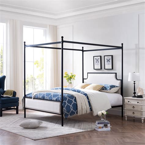 Noble House Kamarie Queen Size Iron Canopy Bed Frame With Upholstered