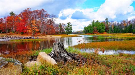 Colorful Autumn Trees Reflection On Lake Under Cloudy Blue Sky Hd