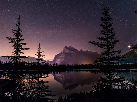 Winter Starry Sky Over Lake Night Landscape Wallpaper Hd