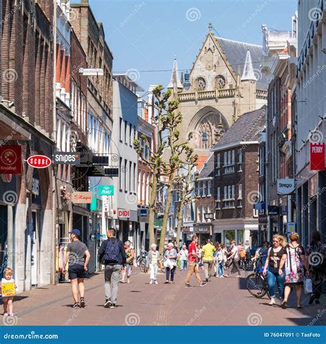 main shopping street in haarlem netherlands editorial photo image of people church 76047091