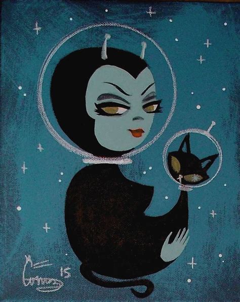 El Gato Gomez Painting Retro 1950s Sci Fi Outer Space Martian Pinup Girl Cat Black Cat Art