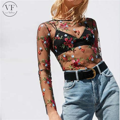 Black Sexy Sheer Tops No Bra Allove Blue Floral Embroidered Sheer Long Sleeve Tee Buy Long