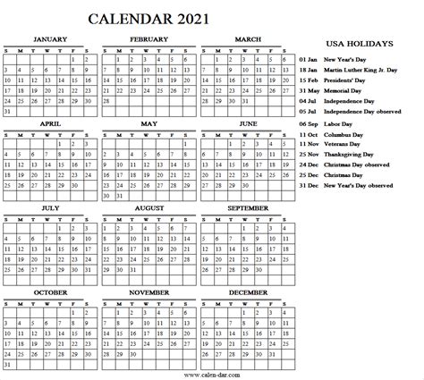 Print Calendar 2021 With Holidays Calendar 2021 With Holidays Usa