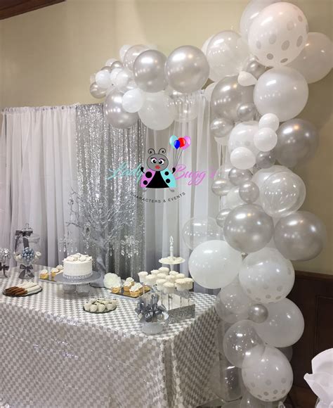 Tableware & accessories invitations & thank yous decorations banners & bunting balloons and accessories accessories cake accessories may we also suggest decorating. White & silver organic balloon garland | 60th wedding ...