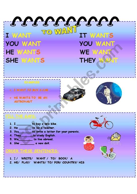 English Worksheets To Want Worksheet For Teaching The Verb To Want It Has An Explanation