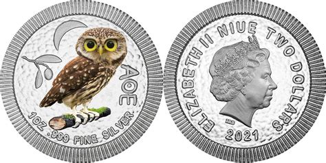 Niue 2 Dollar 2021 Owl Of Athens Colorized Edition Athenian Owl 1 Oz