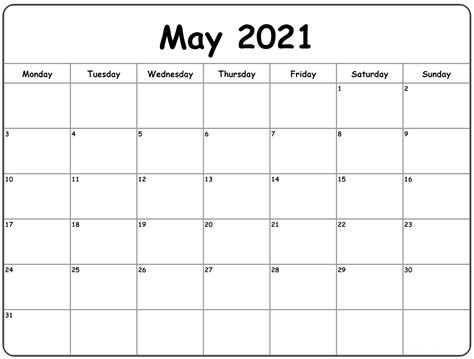 Free Blank May 2021 Printable Calendar Template Pdf Calendar Dream