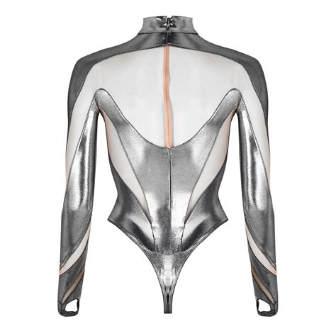 Mugler Sheer Panelled Metallic Bodysuit Women Bodysuits