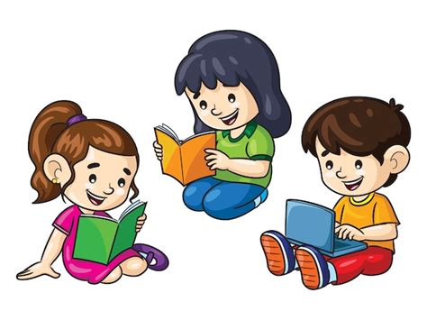 Dibujos Animados Para Niños Leyendo Libros Y Laptop Vector Premium